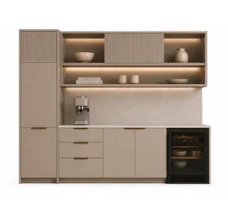 Taupe fitted kitchen with illuminated shelves, cabinets and appliances