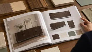 Furniture catalogue and wood and fabric finish samples on a worktable