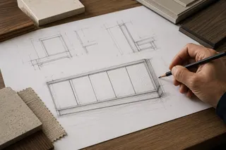 Furniture technical drawing beside wood, stone and fabric samples