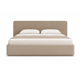 Upholstered double bed with a vertically ribbed headboard