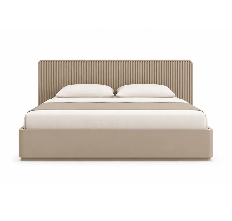 Upholstered double bed with a vertically ribbed headboard
