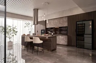 Contemporary dark wood kitchen with island, stools and built-in cabinetry