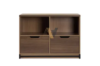 Wood storage cabinet with two drawers and open shelves