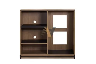 Wood display cabinet with open shelves and glass-front sections