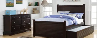 Dark wood bedroom set with bed, dresser and matching chest