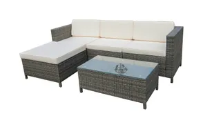 Woven outdoor sectional sofa with chaise and glass-top coffee table