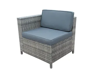 Woven outdoor armchair with dark blue seat and back cushions