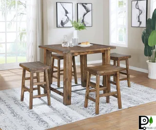 Wooden dining table with four stools and a bench in a bright room.