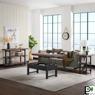 Living room with a sofa, black coffee table, console table and side tables.