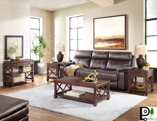 Living room with leather sofa, wooden coffee table, console and side tables.