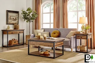 Living room with gray sofa, wood and metal coffee table, console and side table.