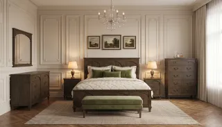 Bedroom furniture collection with upholstered bed, bedside tables, dressers and mirror.