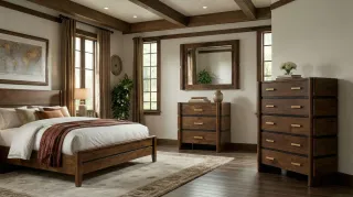 Wooden bedroom furniture set with bed, bedside table, mirror and tall dresser.