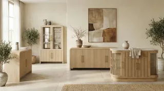 Modern dining room with fluted wooden sideboards, display cabinet and bar cabinet.