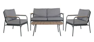 Outdoor lounge set with gray sofa, armchairs, and coffee table
