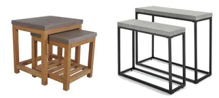 Two outdoor table and stool sets in wood and metal