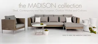 Gray upholstered outdoor sofa, armchair, and chaise lounge