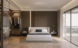 Modern bedroom with upholstered bed, built-in wardrobe and glass balcony doors