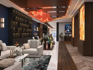Luxury living room and hallway installation with sofas, shelving and wood paneling