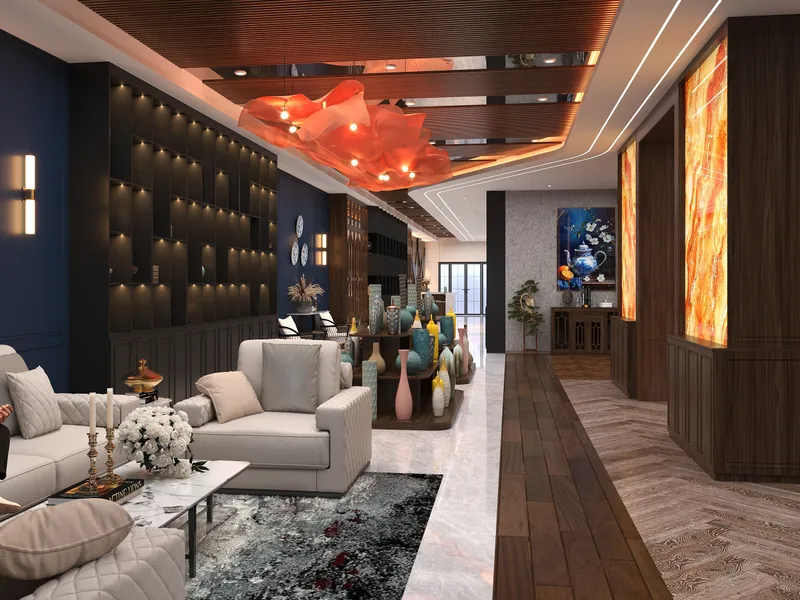 Luxury living room and hallway installation with sofas, shelving and wood paneling