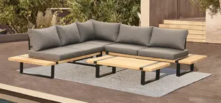 Gray modular outdoor sectional sofa with wooden side and coffee tables.