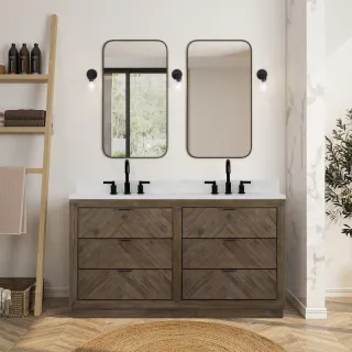 Wood bathroom vanity with chevron drawer fronts and twin sinks
