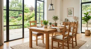 Wooden dining table and chairs in a bright garden-facing room