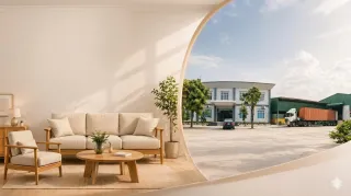 Living room furniture beside a factory building and loading yard