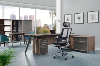 Office workstation with desk, storage cabinets, sideboard and office chair
