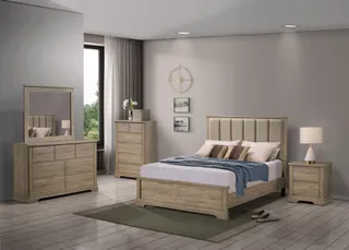 Bedroom set with upholstered bed, dressers, mirror, nightstand and bedding