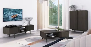Bright living room with dark wood media console, cabinet and coffee table