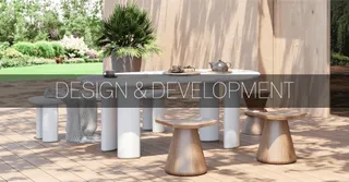 Outdoor dining table with white pedestal legs and wooden stools on a tiled patio