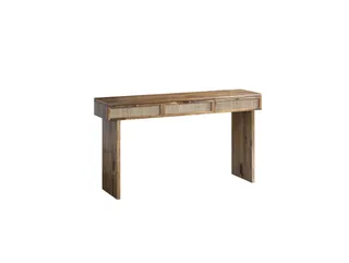 Wood console table with woven rattan drawer fronts on a white background