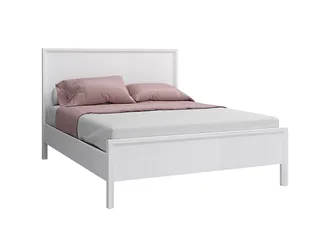 White bed frame with mauve bedding on a white background
