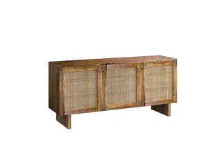 Wood sideboard with three woven rattan doors on a white background