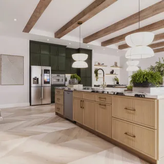 Large kitchen with wood island, dark cabinets and pendant lights
