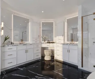 Large bathroom with white vanities, mirrors and black marble floor