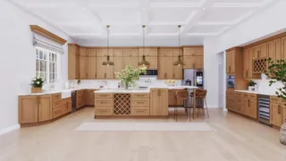 Large light wood kitchen with island, wine rack and wall cabinets