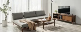 Gray sofa, wooden TV console and coffee table in a bright living room