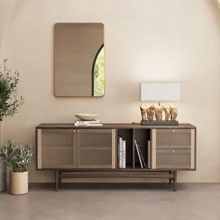 Woven-front wooden sideboard beneath a mirror in a neutral living room