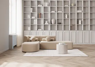 Modern living room with modular sofa, shelving wall and coffee table