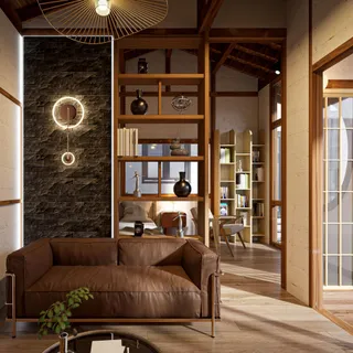 Living room with brown sofa, timber shelving, pendant light and stone accent wall.