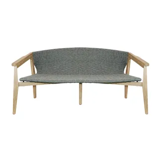 Wooden loveseat with woven gray upholstery on a white background.