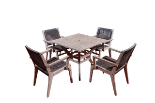 Outdoor wooden dining set with square table and four woven armchairs.
