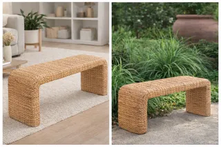Woven rectangular bench shown in an indoor room and outdoor garden