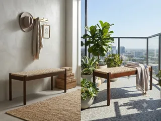 Woven-top wooden bench shown indoors and on a balcony