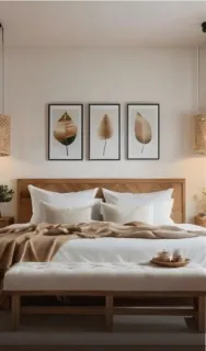 Wooden bed with white bedding, upholstered bench and bedside tables.