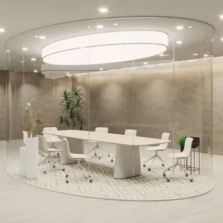Contemporary white conference table and rolling chairs inside a glass meeting room