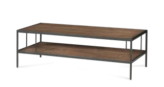 Rectangular two-tier coffee table with wood surfaces and metal legs