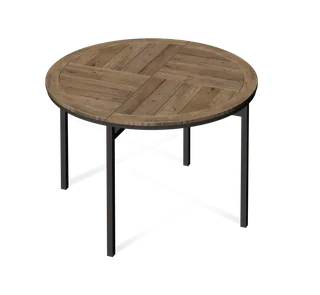 Round wood-top dining table with crossed metal supports